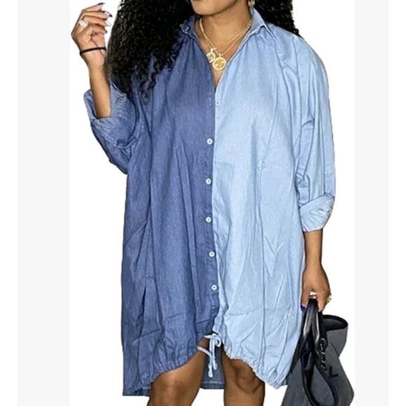 Ashley Stewart Denim Shirt Dress Women 30/32 Blue Colorblock HiLow Drawstring - Picture 1 of 7